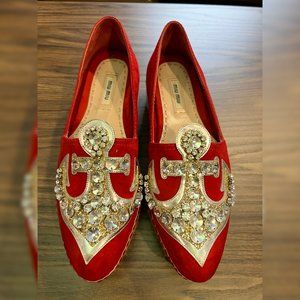 MIU MIU Red Suede Crystal Embellishments Espadrilles Size: IT 38/US 8